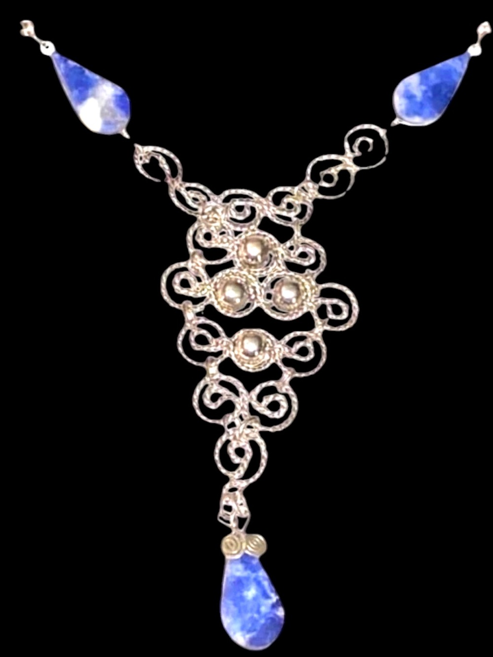 Vintage Lapis Lazuli Silver Tone Y Chain Necklace